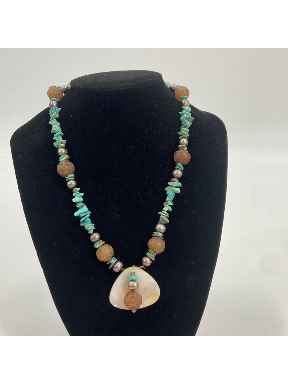Vintage brown Chinese carved, turquoise and shell necklace